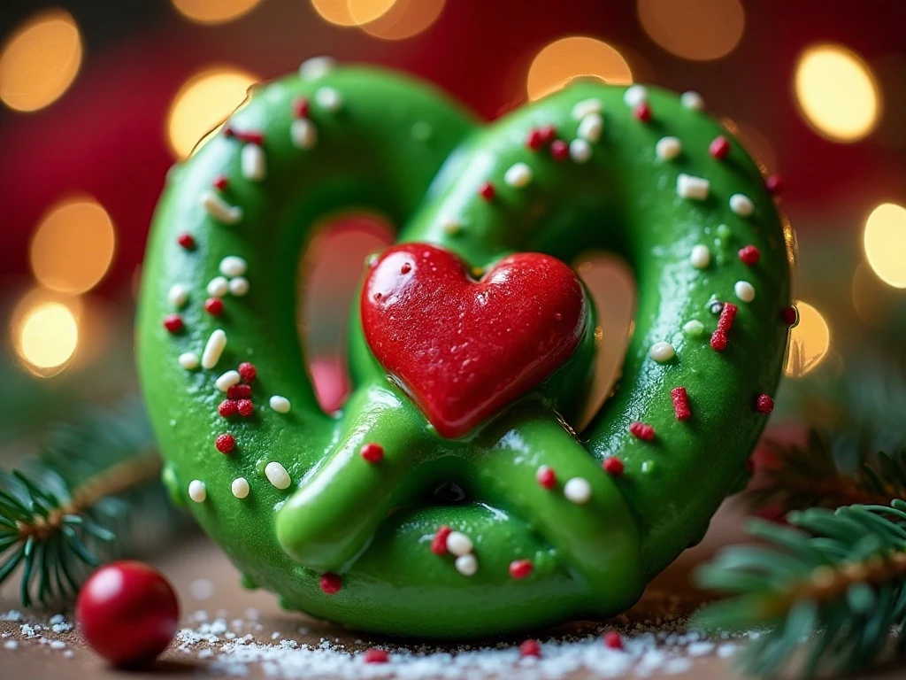 Close-up of a Grinch pretzel with a red heart