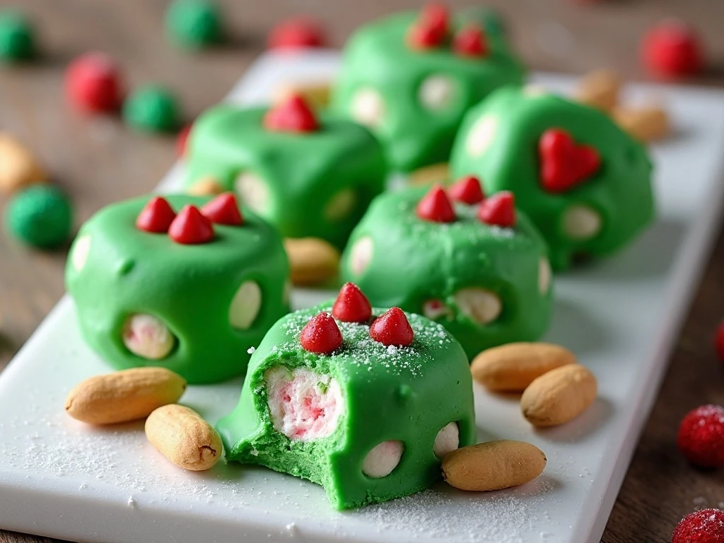 Green Grinch rocky road candy clusters with red heart toppings on a festive platter
