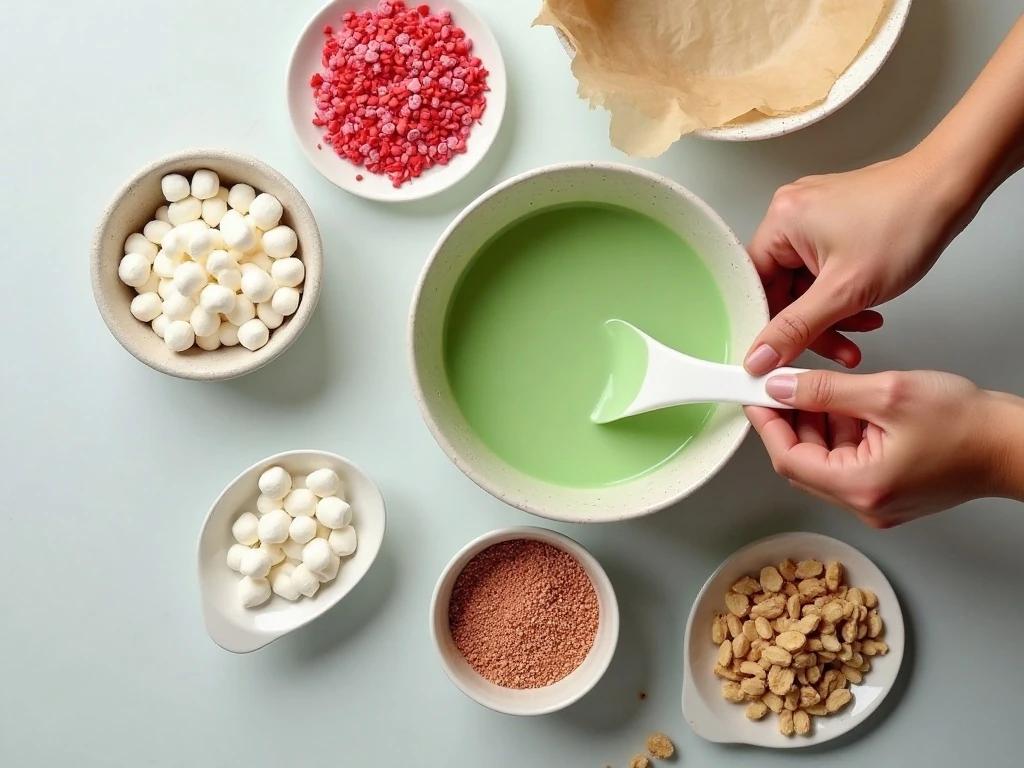 Ingredients for Grinch rocky road candy including green melts, peanuts, marshmallows, and red hearts