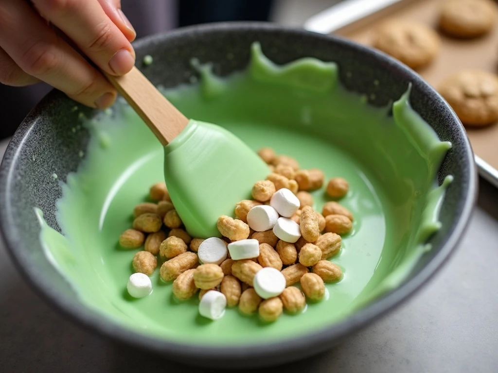 Peanuts and marshmallows being folded into melted green candy coating