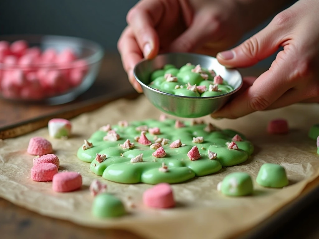 Green candy mounds being portioned onto a parchment-lined baking sheet