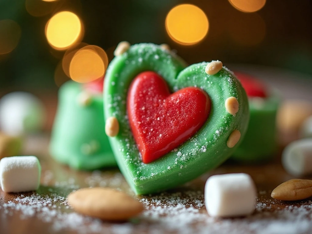 Close-up of a Grinch candy cluster with a red heart decoration