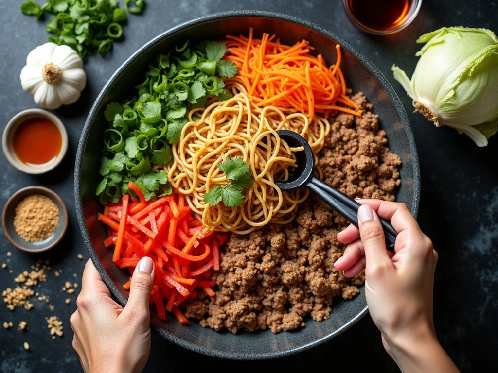 Ingredients for ground beef lo mein arranged for cooking