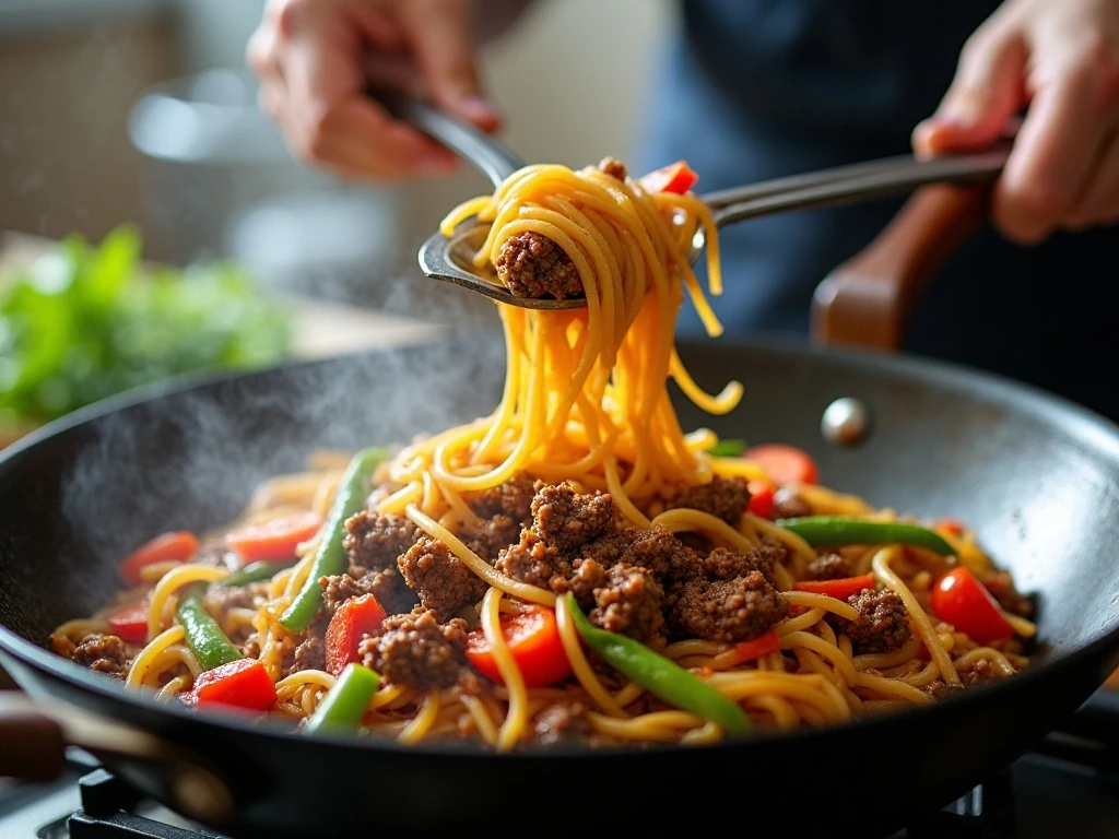 Ground beef and vegetables being stir-fried for lo mein