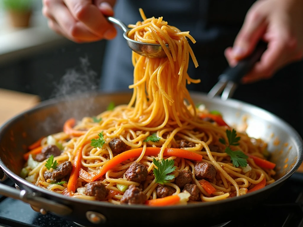 Noodles being tossed in hot sauce for better-than-takeout lo mein