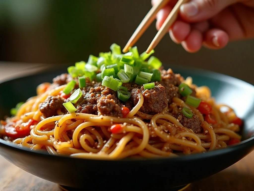 Ground beef lo mein finished with green onions and sesame seeds