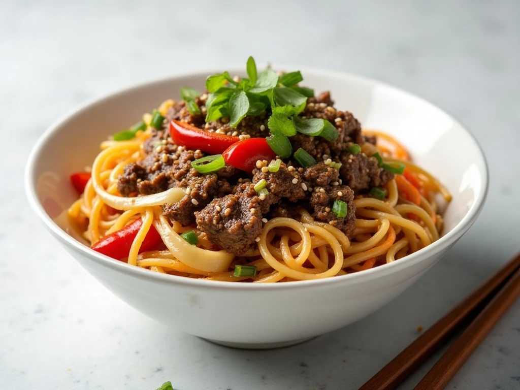 Plated ground beef lo mein ready to serve