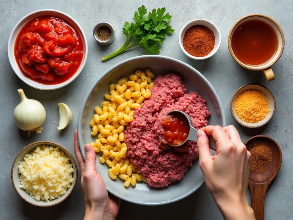 Ingredients for one-pot ground beef and tomato pasta