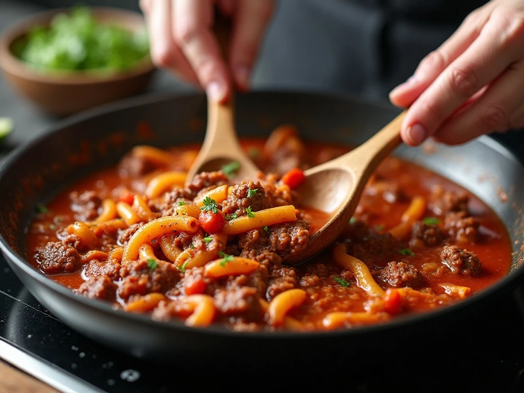Ground beef pasta simmering in a deep skillet