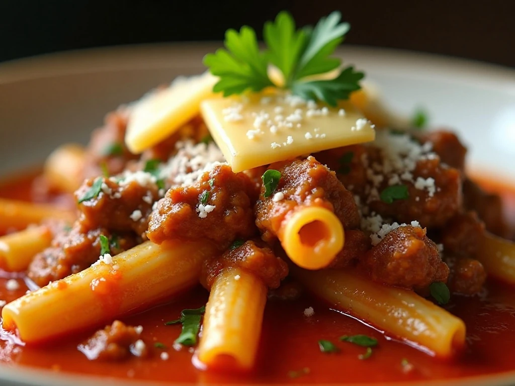 Cheesy ground beef pasta topped with Parmesan and parsley