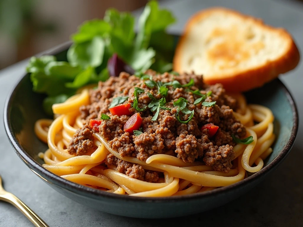 Ground beef pasta served with salad and garlic bread