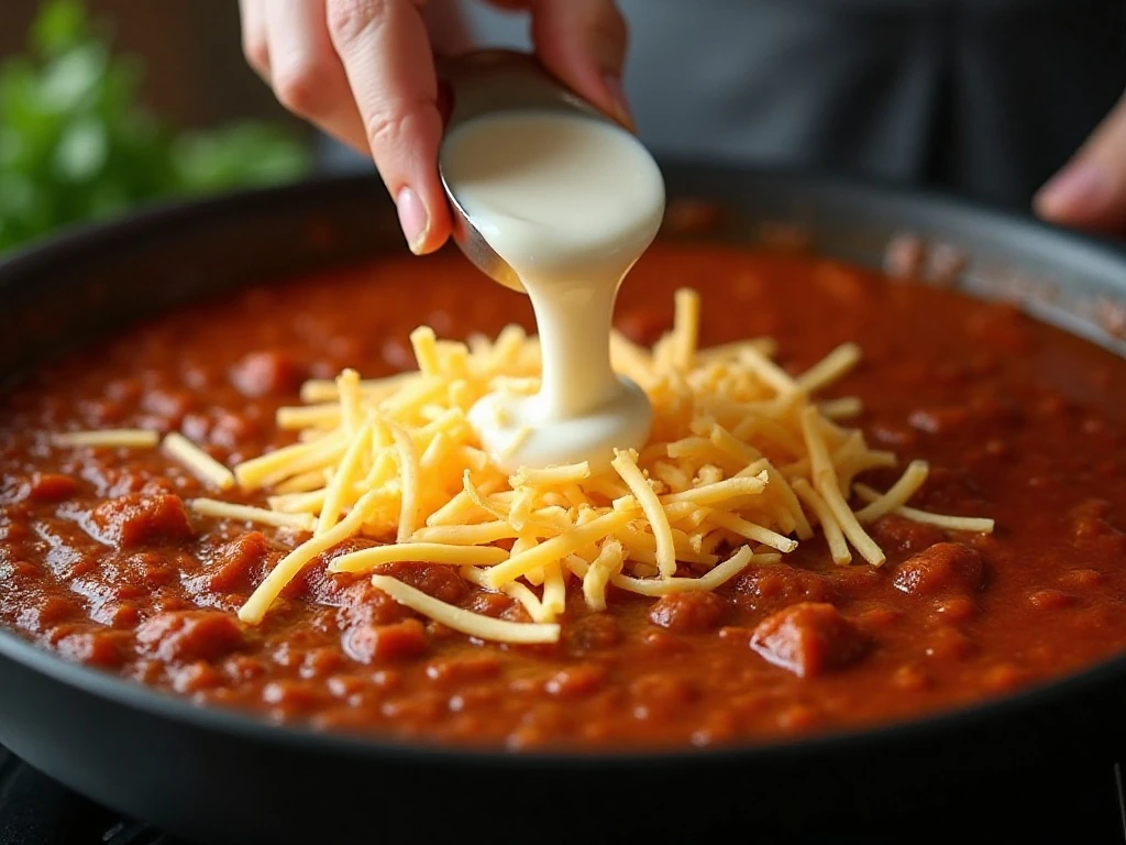Cream and cheddar stirred into tomato beef sauce over low heat