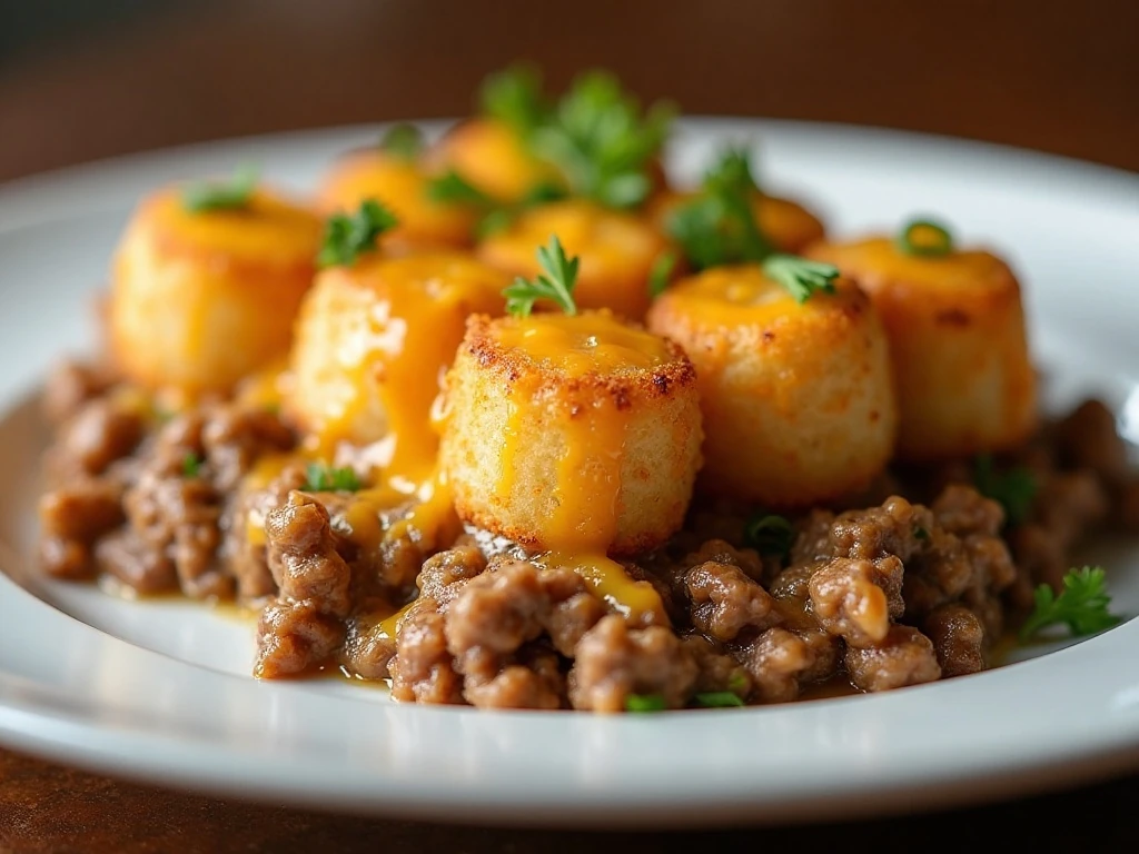 Serving of creamy ground beef tater tot casserole with crisp golden tots