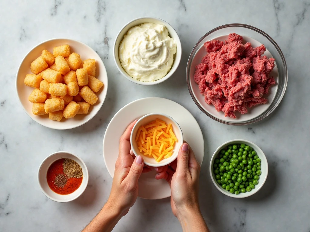 Ingredients for ground beef tater tot casserole arranged on a counter