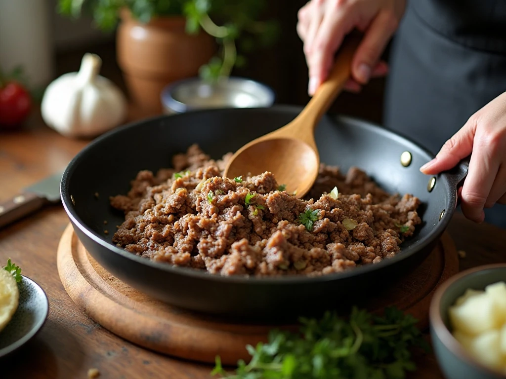 Browning ground beef and onion for tater tot casserole