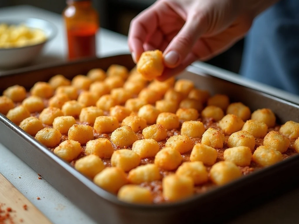 Frozen tater tots arranged in one layer over casserole filling