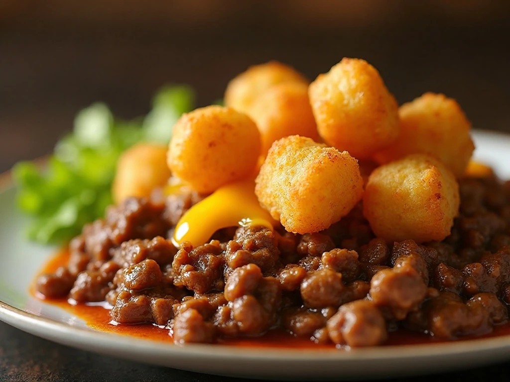 Close-up of cheesy crisp tater tots on ground beef casserole