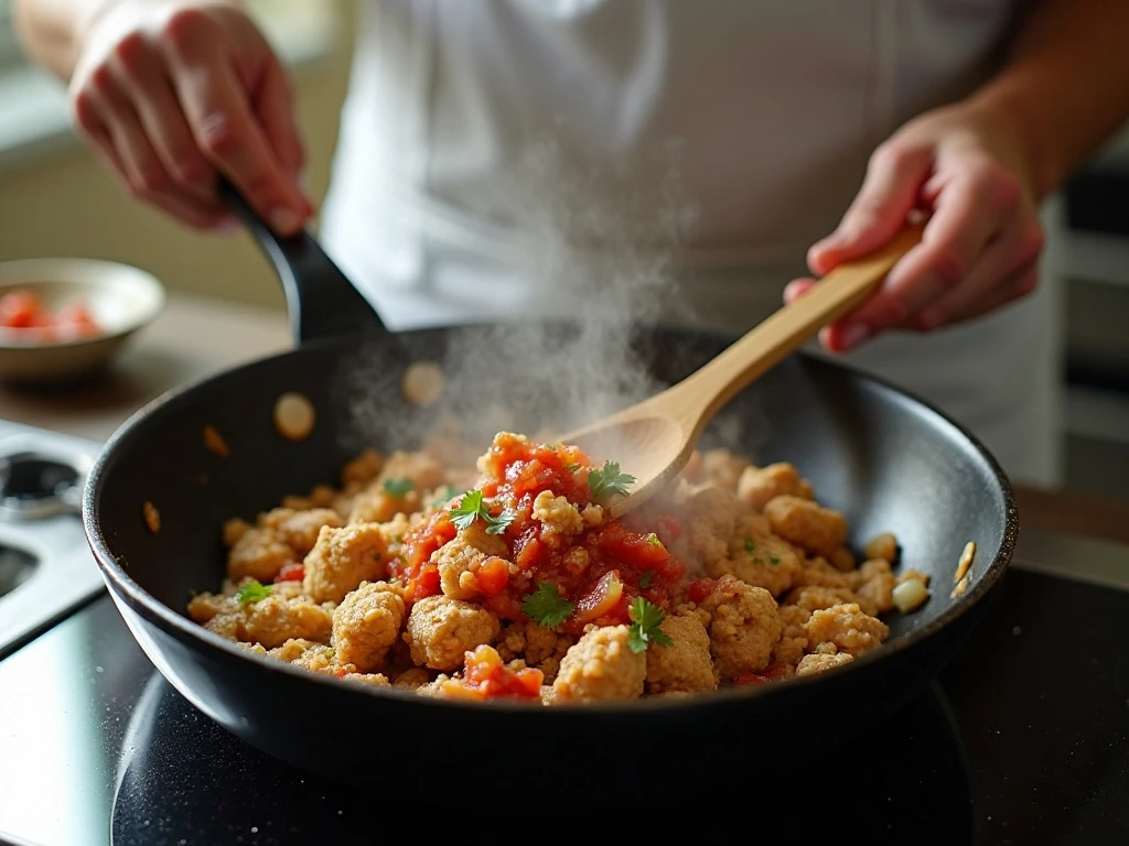 Ground chicken taco filling simmering in a skillet