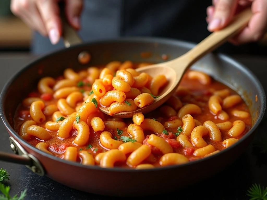Elbow macaroni simmering in turkey goulash sauce