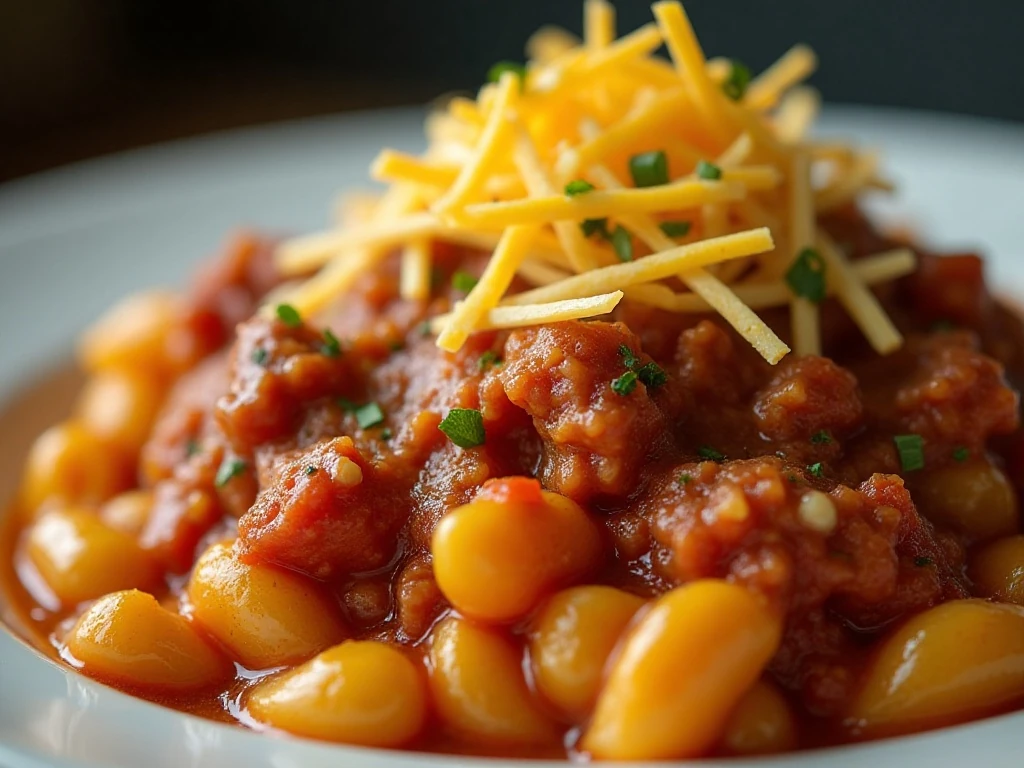 Cheddar-topped ground turkey goulash ready to serve