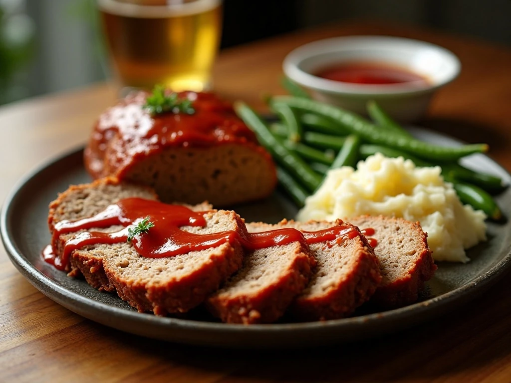 Juicy ground turkey meatloaf served with mashed potatoes and green beans
