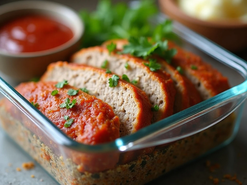 Sliced turkey meatloaf stored for leftovers