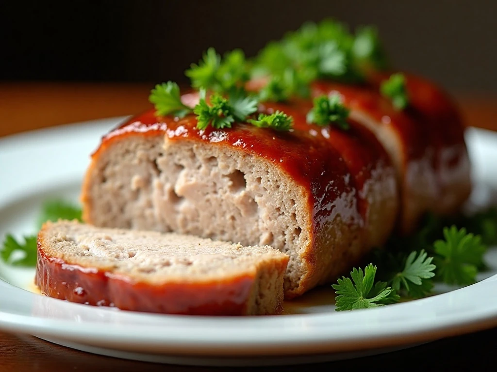 Close-up of tender glazed ground turkey meatloaf slices