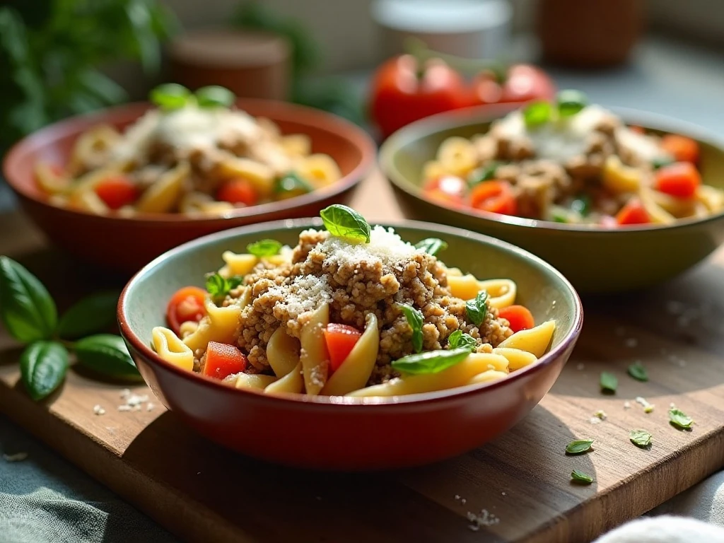 Several quick ground turkey pasta dinner variations served family style