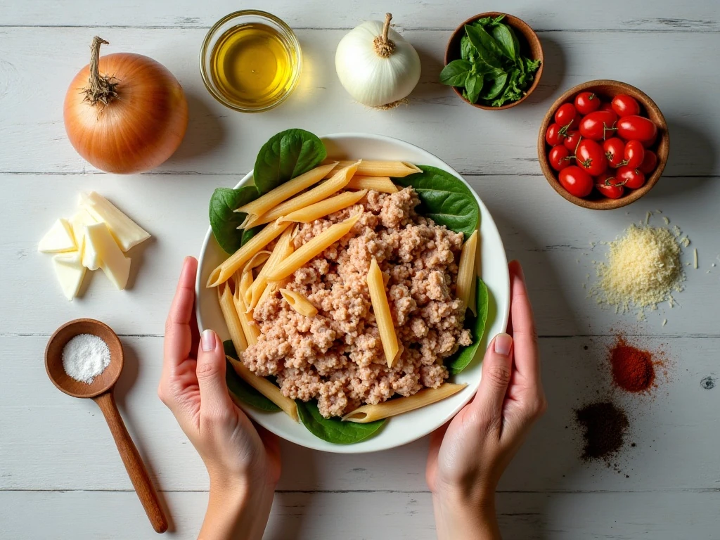 Ingredients for quick ground turkey tomato pasta