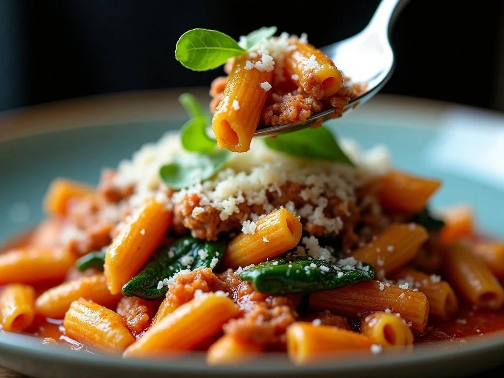 Parmesan and basil finishing a juicy ground turkey pasta dish