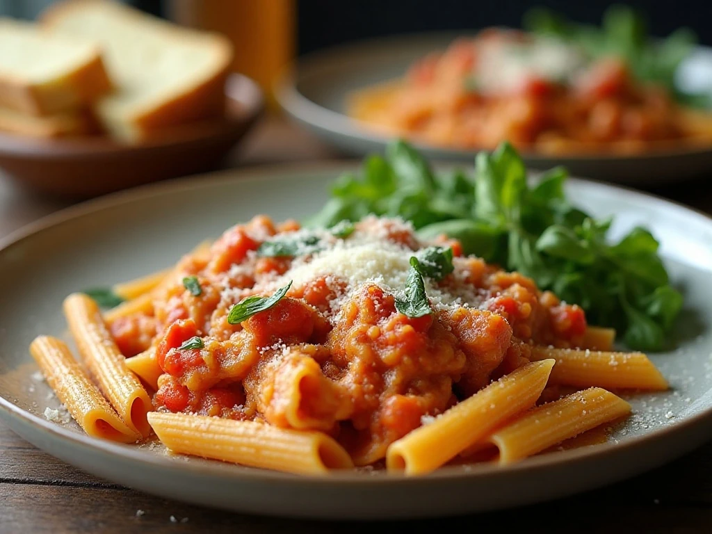 Ground turkey penne served with garlic bread and salad