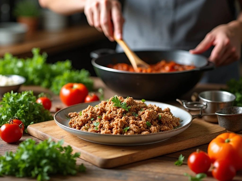 Preparing ground turkey and vegetables for a slow cooker dinner