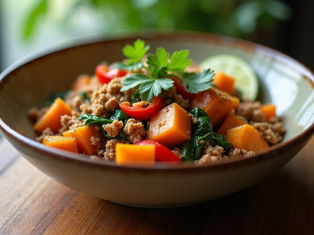 Ground turkey and sweet potato skillet served with spinach and lime