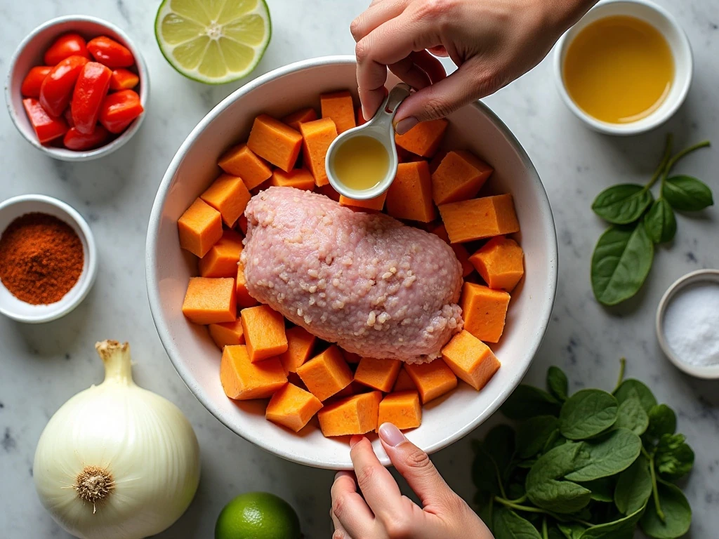 Ingredients for an easy ground turkey and sweet potato skillet