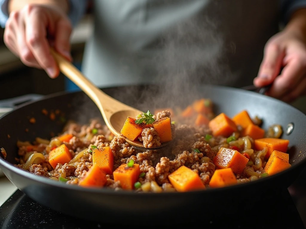 Cooking ground turkey and vegetables in a deep skillet