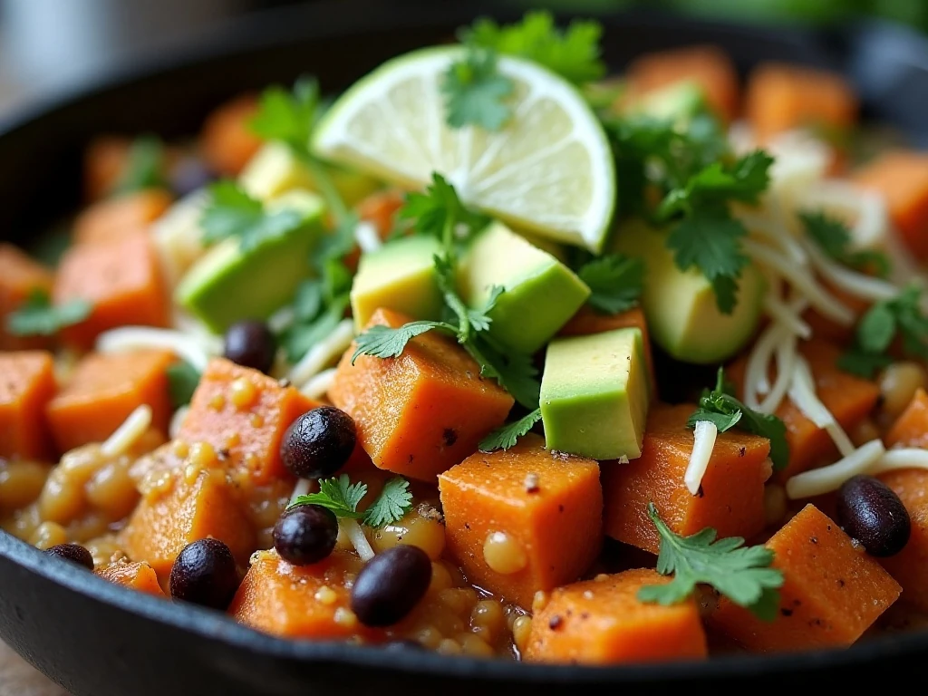 Skillet dinner topped with avocado cilantro cheese and lime