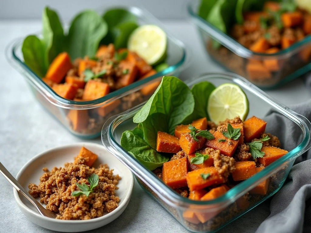 Ground turkey sweet potato skillet portioned for meal prep