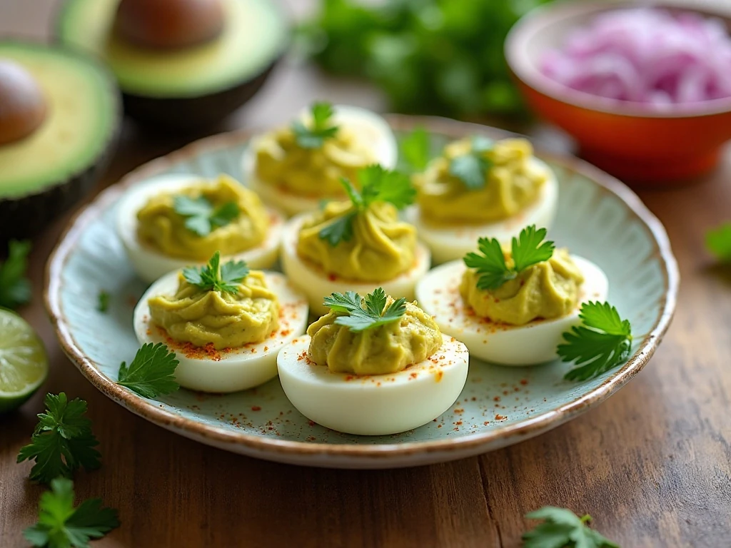 Fresh guacamole deviled eggs arranged on a party platter