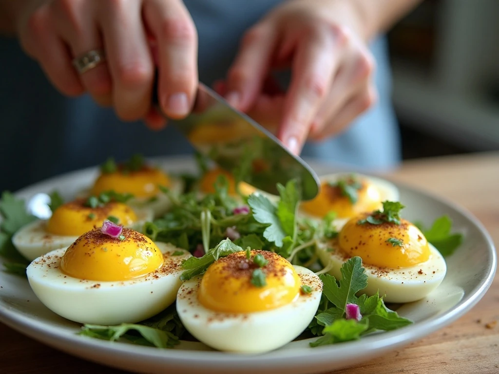 Preparing eggs and avocado filling for guacamole deviled eggs