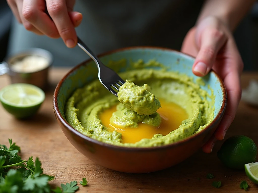 Mashing avocado and egg yolks for the deviled egg filling
