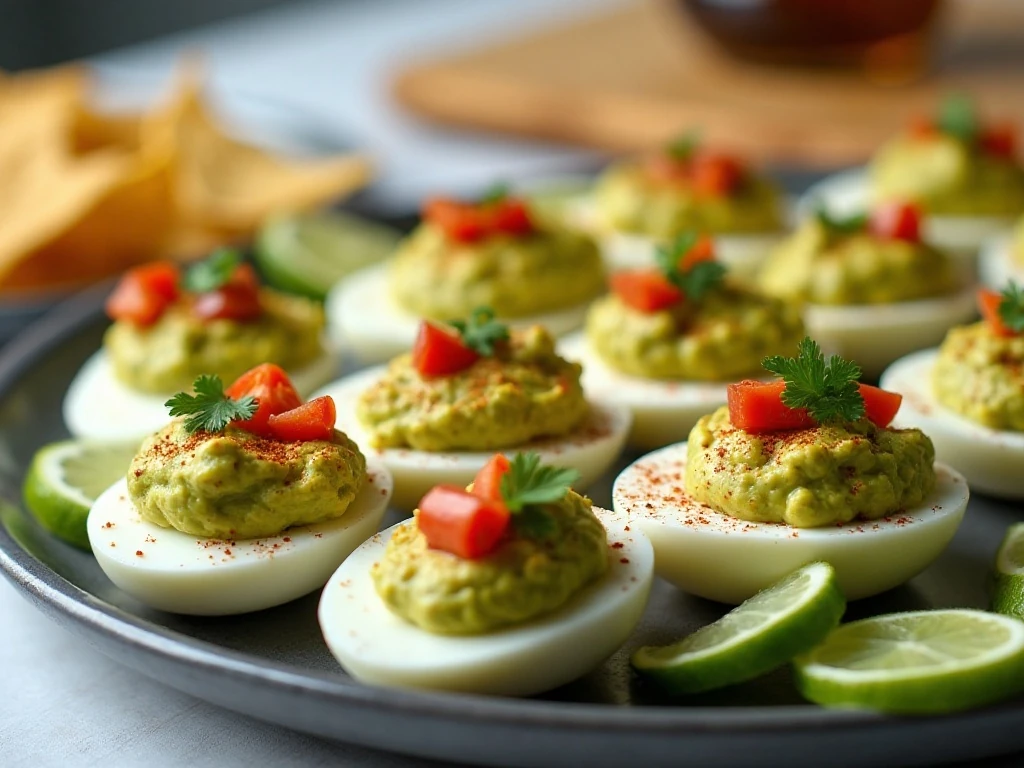 Guacamole deviled eggs served as an appetizer