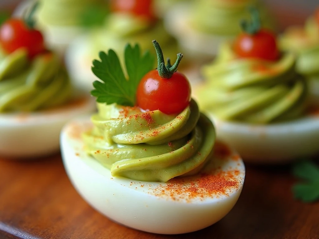Close-up of a garnished guacamole deviled egg