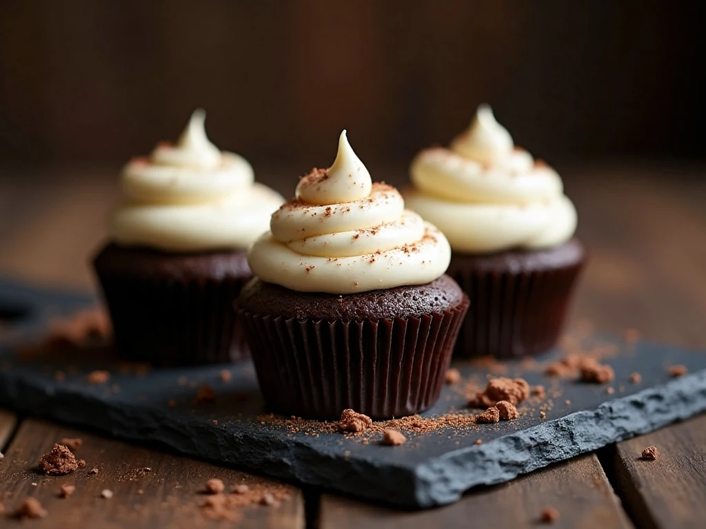 Guinness cupcakes with sweet cream frosting arranged on a serving board