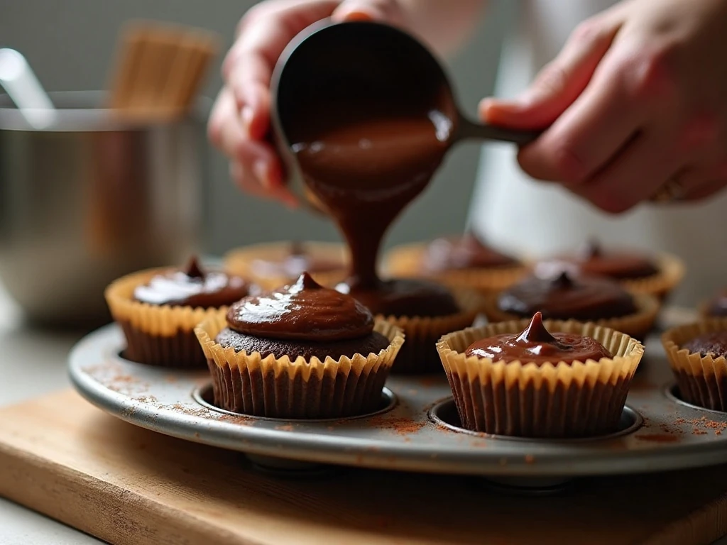 Chocolate Guinness cupcake batter portioned into lined muffin cups