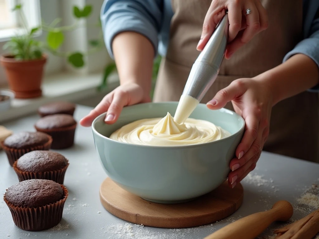 Fluffy sweet cream frosting ready to pipe onto chocolate cupcakes