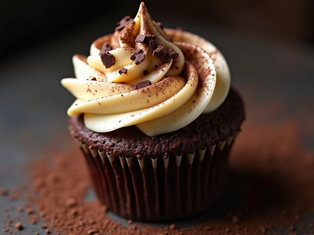 Close-up of a decorated Guinness cupcake with cocoa and chocolate shavings