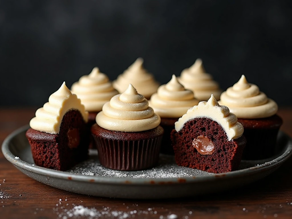 Platter of moist Guinness cupcakes with vanilla sweet cream frosting