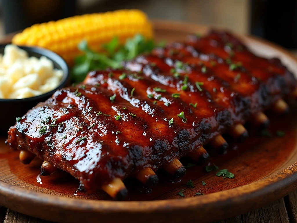 Platter of sticky Guinness-glazed pork ribs served with barbecue side dishes