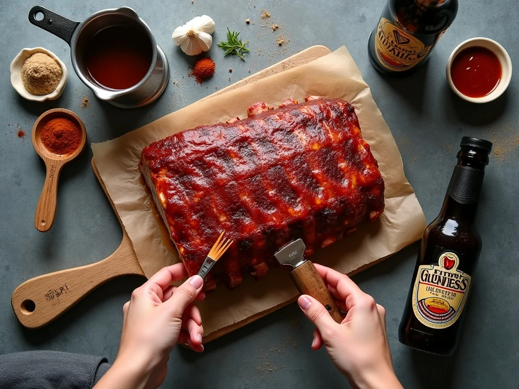 Ingredients for Guinness-glazed ribs arranged for cooking