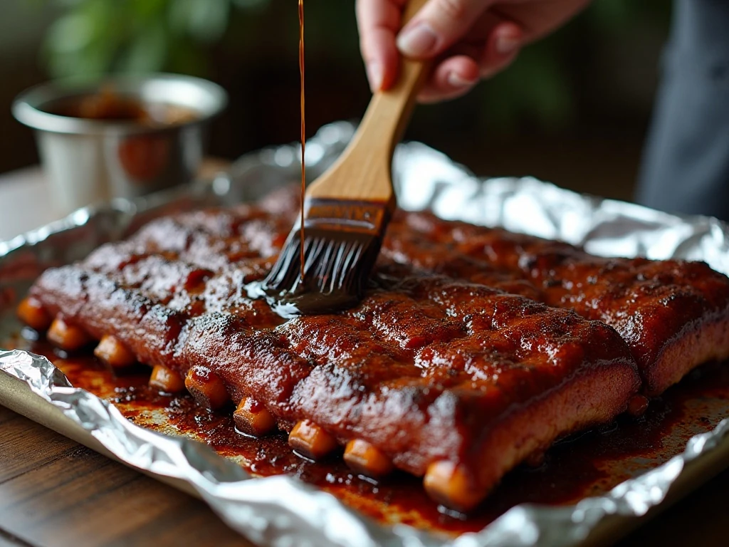 Ribs being coated with Guinness barbecue glaze before finishing